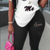 Unisex Face & Letter Printed Round Neck Short Sleeve T-Shirt And Long Pants, Sexy Style