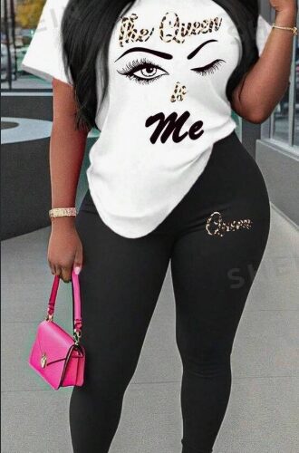 Unisex Face & Letter Printed Round Neck Short Sleeve T-Shirt And Long Pants, Sexy Style