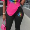 Unisex Face & Letter Printed Round Neck Short Sleeve T-Shirt And Long Pants, Sexy Style