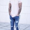 Ripped nostalgic jeans light blue zipper men's jeans